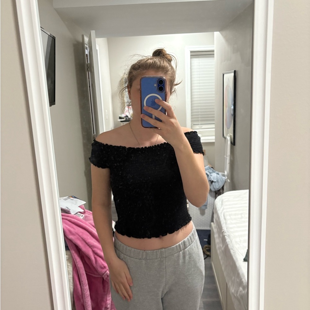 Brandy Melville Black Off-Shoulder Smocked Crop Top